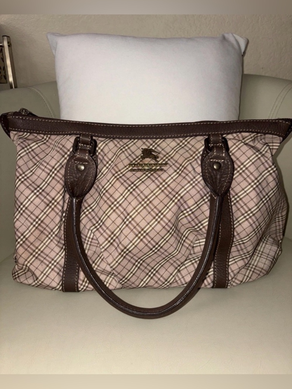 Burberry blue label Pink and Brown Plaid Tote with Dark Brown Leather Trim